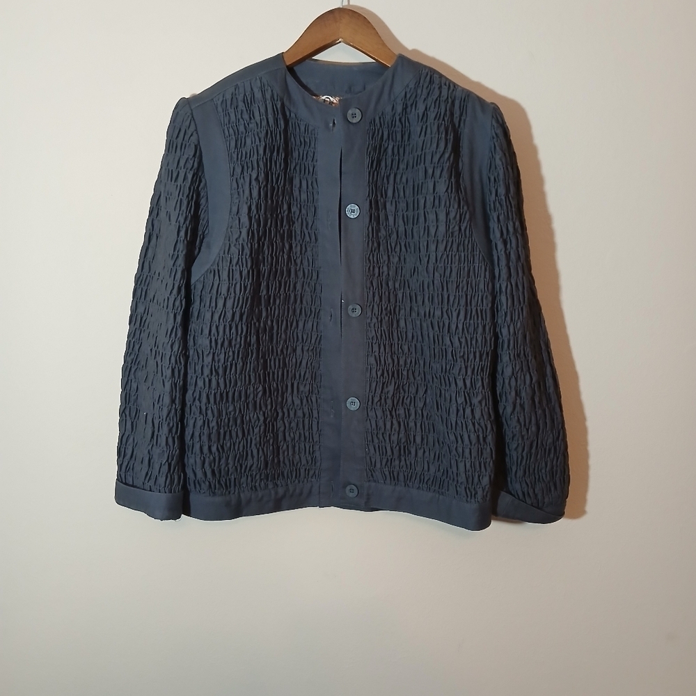 Gene Ewing Bis Womens Medium Smocked Jacket Wrinkle Rich Denim Gray Vintage USA